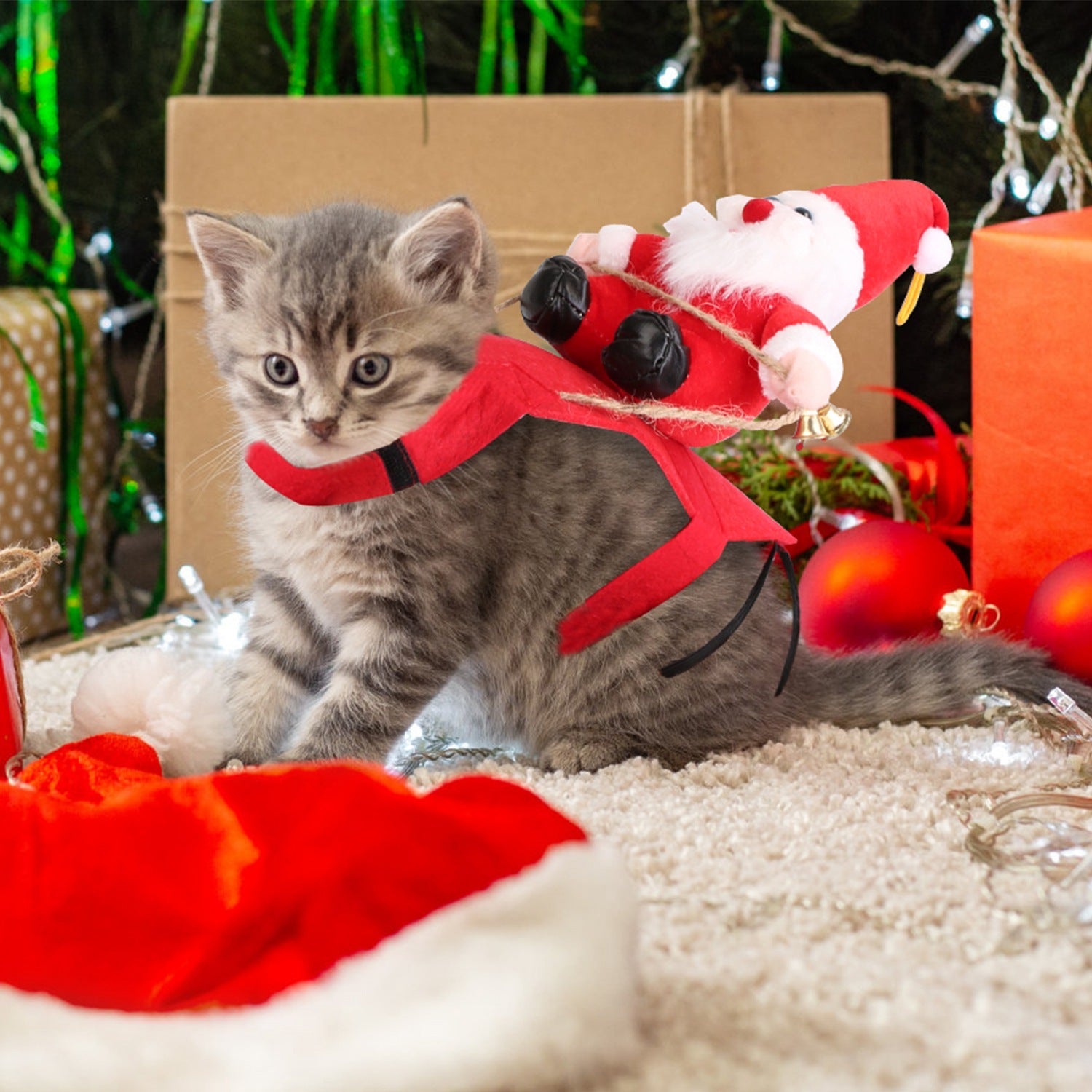 Riding Santa Pet Costume – Festive Red Christmas Coat with Jingle Bell for Dogs & Cats (S-XL)