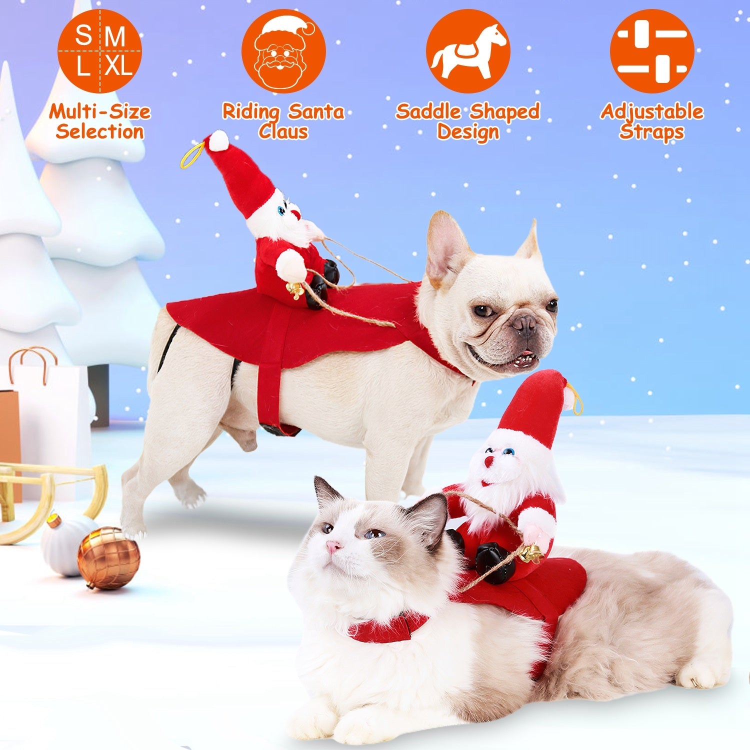 Riding Santa Pet Costume – Festive Red Christmas Coat with Jingle Bell for Dogs & Cats (S-XL)