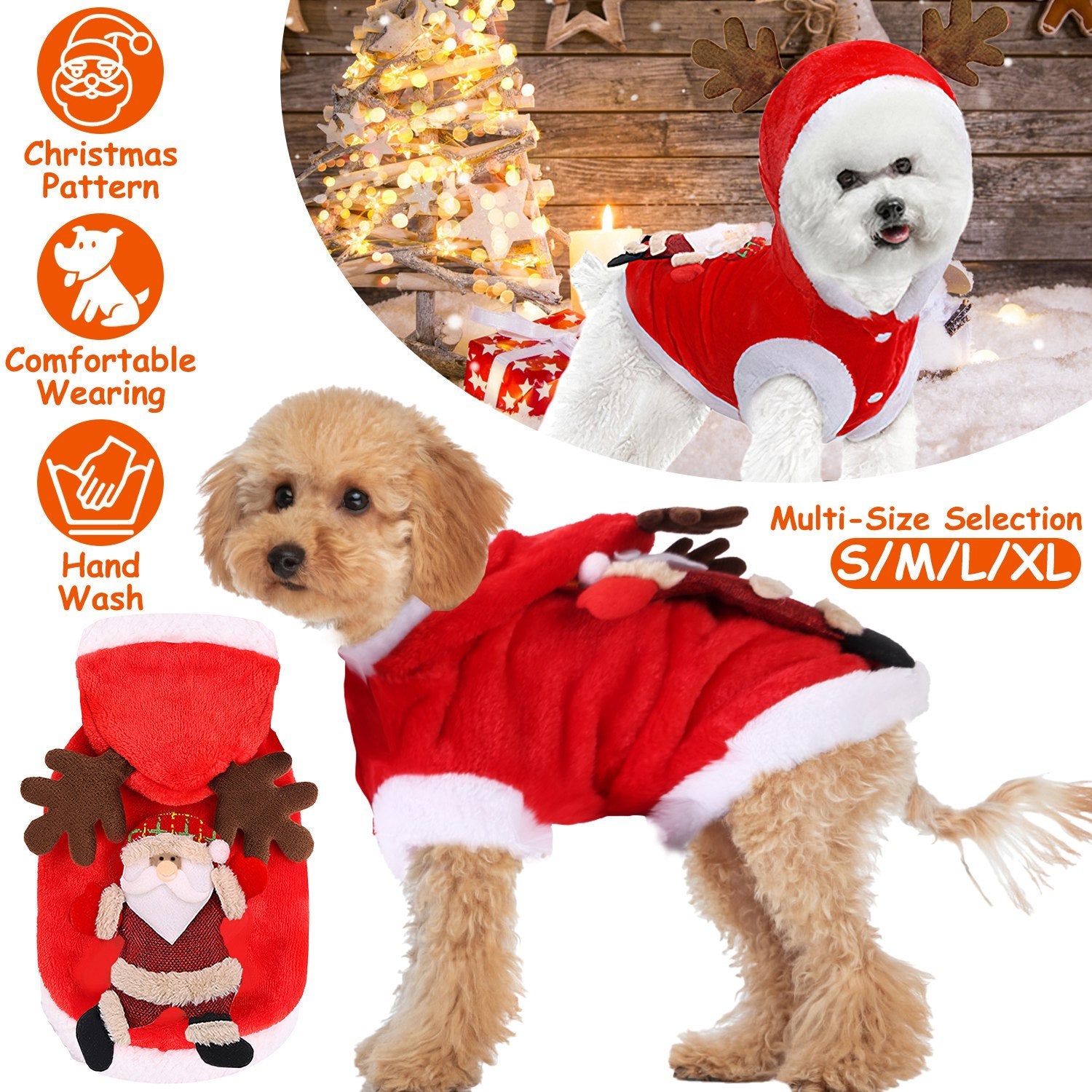 Santa & Reindeer Pet Costume – Red Christmas Outfit with Antlers for Small & Medium Dogs & Cats (S-XL)